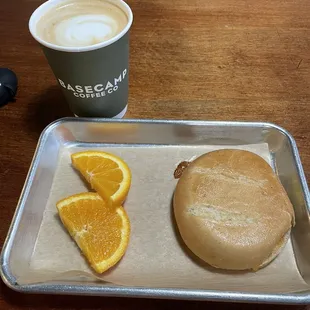 Breakfast sandwich and latte