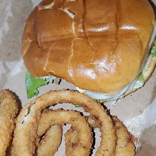 Basecamp Burger and my fave onion rings very crispy