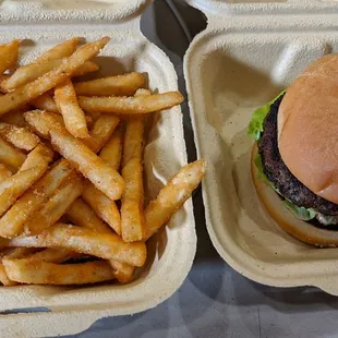 Grass fed beef burger and french fries.