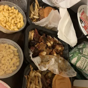 Hot Chicken Sandwich, Rib Tips, Brisket sandwich, Fries, &amp; Mac n cheese.