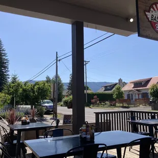 tables and chairs on a patio