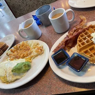 Vanessa&apos;s Favorite Omelette, Belgian Waffle with a side of Bacon.