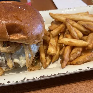 Blue Burger w beer batter fries
