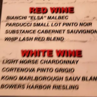 a menu for red wine and white wine