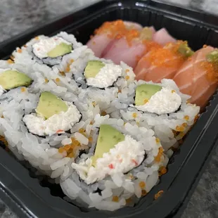 California roll; white tuna and hamachi nigiri (DoorDash)