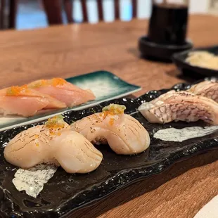 Scallop &amp; Red snapper (tai) + Albacore Toro in back