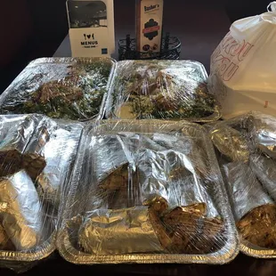 six trays of food