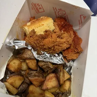 5 piece chicken tenders (half original &amp; half spicy) w/ Basha's potatoes and  cornbread