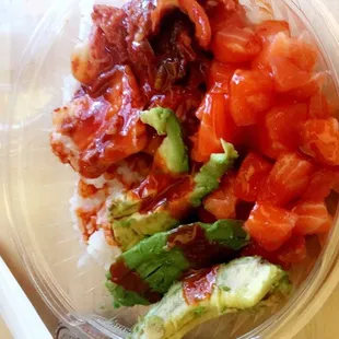 Spicy salmon bowl with avocado and Kimchee