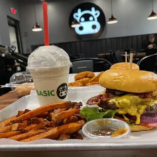 Big Double Basic Bacon Cheeseburger and Sweet Potato Fries - Regular and Vanilla Shake