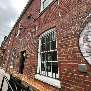the outside of a brick building
