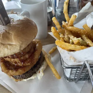 Bbq bacon cheeseburger stack with truffle fries!