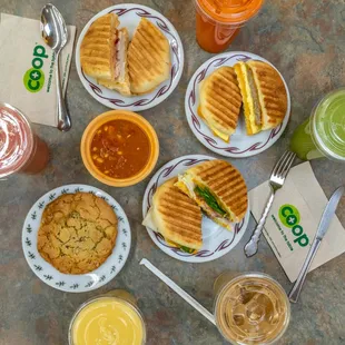 Basics Co-op Cafe options - paninis, smoothies, iced coffee and more!