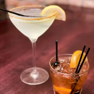 two cocktails on a table