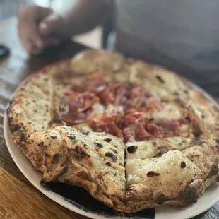 Custom Pizza with: Double stuffed crust  Alfredo sauce  Spicy soppresata  Pancetta