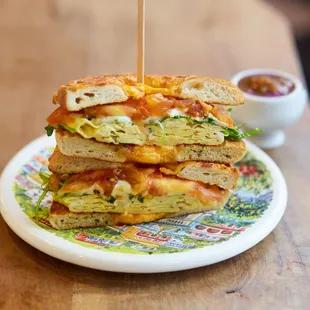 One of our delicious breakfast bagel sandwiches, prepared on a Jalapeño bagel.
