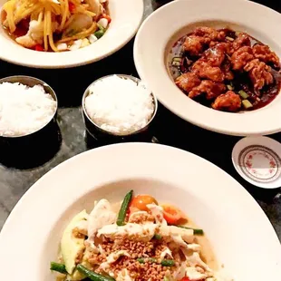 Grouper, Chicken Curry, and General Tso Chicken.