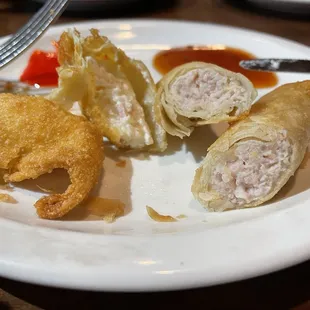 The inside of the Thai rolls and crab Rangoon.