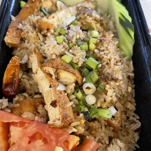 Basil Fried Rice w/tofu; no eggs. Spice level 4. Beyond delicious! (Get extra chili garlic sauce ots)