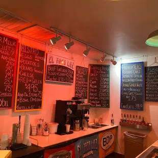 Menu for breakfast, tacos and drinks