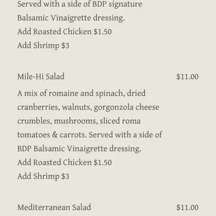 Menu from website 9/1/19