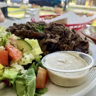 Beef shawarma with salad s d tahini sauce