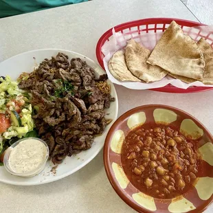 The beef shawarma, chickpea stew, naan bread