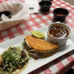 Al pastor, birria and potato tacos! Soooo good!