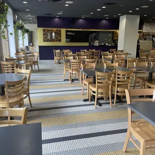 tables and chairs in a restaurant