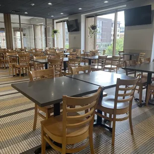 tables and chairs in a restaurant