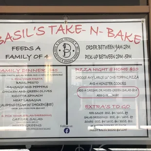 a menu for basil's take - n - bake