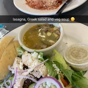 Greek salad and vegetable soup, lasagna