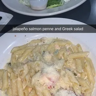 jalapeño smoked salmon penne and Greek salad