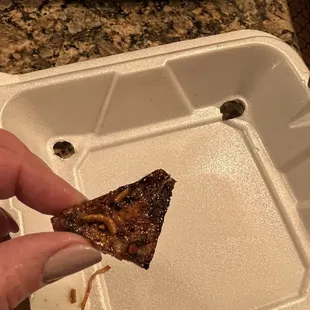 a hand holding a piece of pizza