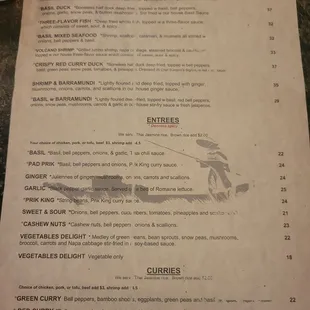 Back of Menu Entrées