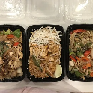 (Left) Drunken Noodles with Chicken. (Middle) Pad Thai with Chicken.  (Right) Chilli and Basil Leaves with Chicken. ($12.95 each)