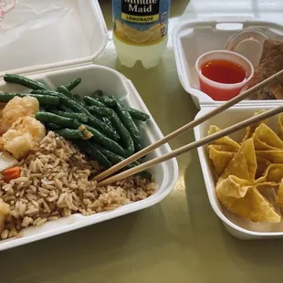 Fried Rice, Tempura Shrimp, Crab Rangoon, Thai Green Beans.