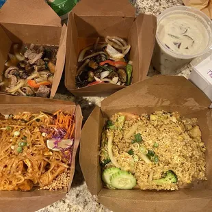 2-Angel Eggplant, one w/beef, green curry, pad Thai w/tofu, &amp; Yellow Curry Fried Rice(no protein)-$80.