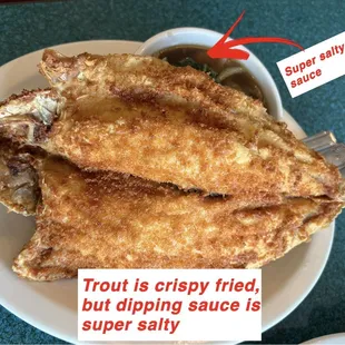 Crispy fried trout with super salty dipping sauce