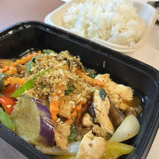 Basil eggplant with chicken + jasmine rice