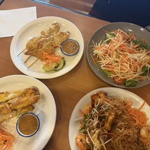 satay chicken, papaya salad, pad thai