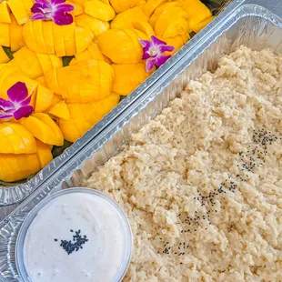 Our classic mango sticky rice is BOMB! Aromatic coconut milk and pandan leaf elevate the subtly sweet sticky rice! And those juicy mangoes!