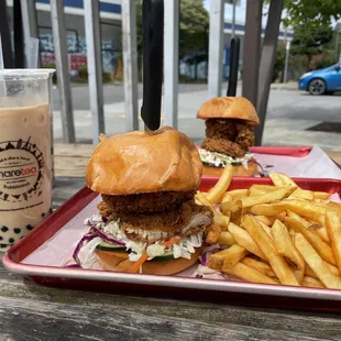 Fried Chicken Sandwich with a side of fries - (boba for size reference)