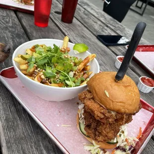 Dan Dan Fries and Fried Chicken Sandwich