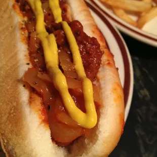 a hot dog and french fries