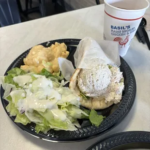 Chicken Salad on a pita w/ Mac n Cheese and Salad