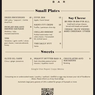 Basin Bar:  Menu