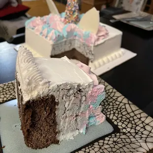 Slice of Unicorn Mint Chocolate Chip Ice Cream Cake!!!