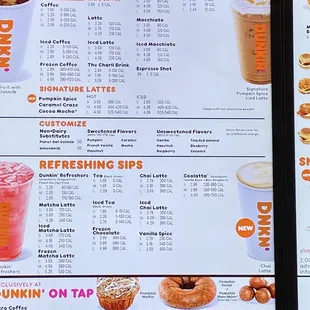 a menu for dunkin donuts