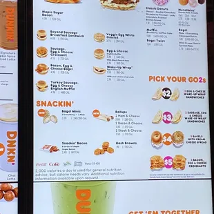a menu for dunkin donuts